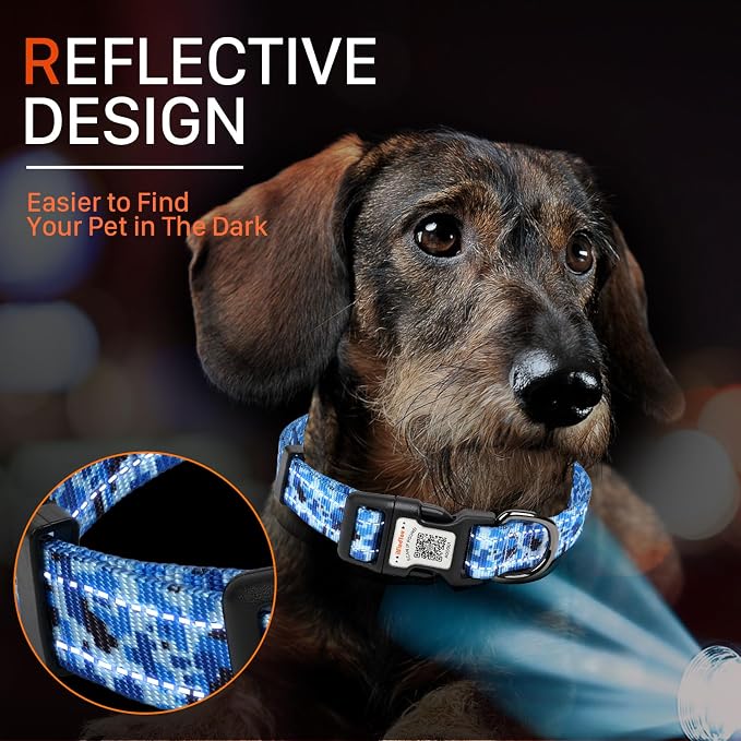 Personalized Dog Collar with QR Code Dog Tag, Camo Blue M | Anti-lost, 1000D nylon, reflective, padded, XS-L(8"-24"), QR buckle shares lost pet profile, location alerts when scanned
