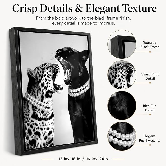 Framed Fashion Leopard Canvas Wall Art Trendy Black White Cheetah Picture Wall Decor Luxury Feminist Poster Print for Girls Bedroom Dorm Bar Cart Home Decoration 12x16in