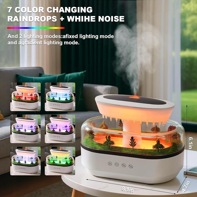 Cloud Rain Humidifier Water Drip, 7 Colors Rainfall Humidifier with Rain Sounds, 250ml Microlandscape Raindrop Essential Oil Aromatherapy Diffuser for Bedroom, Silent Rain Lamp, Timing, Auto-Off
