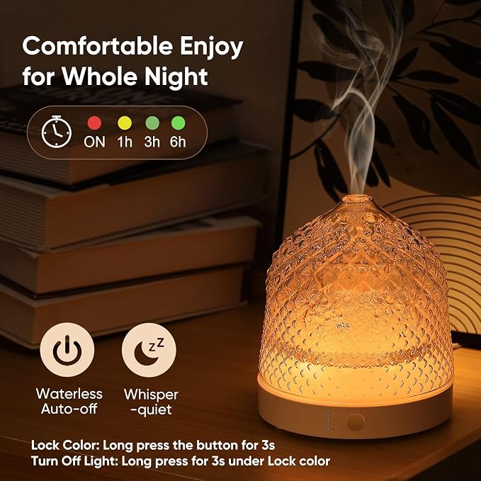 Lecdura Glass Essential Oil Diffuser, 200ml Ultrasonic Aroma Diffusers with Glass Reservoir Dome & White Plastic Base Lock Color Auto-Off Timer 7 Color Light for Home Office Bedroom Yoga