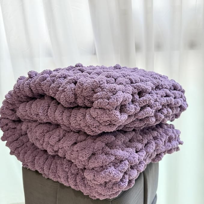 Soft Chunky Knit Throw Blanket for Couch, Cozy Warm Knitted Blankets | Hand Knit with Jumbo Chenille, Lightweight Warm Fluffy Decor for Women, Mom, Her & Girls, Sofa, Chair, Bed, 48"×71" (Purple)