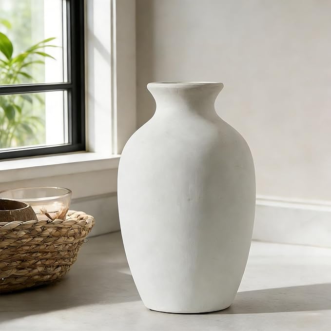 Large Ceramic Rustic Flower Vase, 10.43 Inch Tall Vintage Pottery Home Decor, Antique Farmhouse Terracotta Vase for Living Room, Shelf, Table, Mantel Decoration, Farmhouse - Off-White