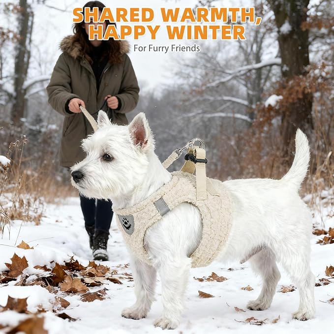 KOOLTAIL Plush Small Dog Harness and Leash Set, Warm Fleece No Pull Puppy Vest for Winter, Lightweight Reflective Step in Pet Harness for Medium Sized Dogs Boy Girl Outdoor Walking Cute Soft, Beige M
