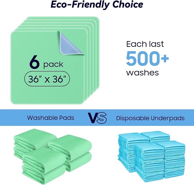 6 Pack 36” x 36” Extra Heavy Absorbency Washable Underpads Bed Pads | WaterProof Quick Drying Nursing Pads Incontinence, Reusable Washable Pee Pads for Dogs, Diaper Changing & Adults