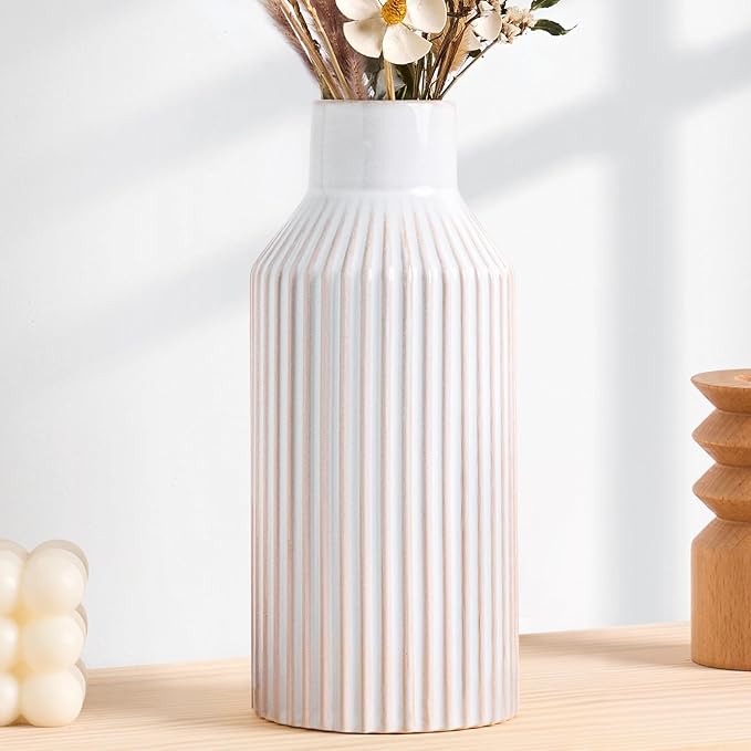 STHIE 8 Inches Ceramic Flower Vase, White Vases for Centerpieces | Flambé Reactive Glaze,Minimalist Modern Home Decor, Pampas Grass Vase for Table, Fireplace, Shelf, Mantel, Entryway