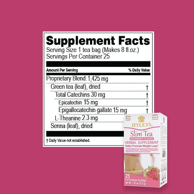 Hyleys Slim Tea Raspberry Flavor - Weight Loss Herbal Supplement Cleanse and Detox - 25 Tea Bags (6 Pack)