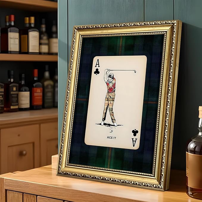 Gold Framed Vintage Golf Wall Art, Man Cave Golfer Sports Wall Decor Painting Playing Plaid Canvas Prints Picture for Bedroom Living Room Man Room Club 8x10 inch