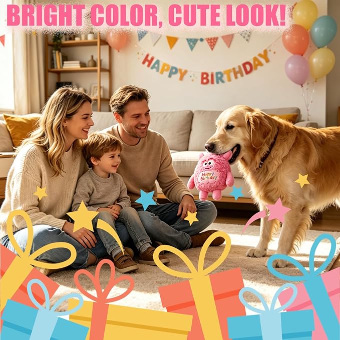 Monster Dog Birthday Toy for Gifts, Stuffed Dog Plush Toy, Pink | Crinkle Squeaky, Soft Lightweight Toy for Fetch and Chew, Interactive Outdoor Indoor Play for Tug, For Puppy Small Medium Dog