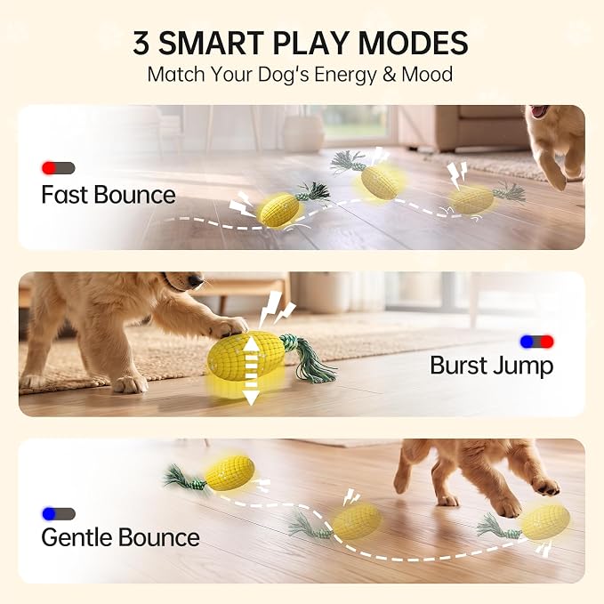 Interactive Dog Toys, Automatic Bouncing Dog Toy with Rope, Motion Activated Corn Dog Toy, Rechargeable Moving Dog Toy with 3 Play Modes, Keeps Dogs Busy, Boredom Relief ChewToy for Small Medium Dogs