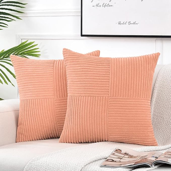 Fancy Homi Peach Decorative Throw Pillow Covers 18x18 Inch for Living Room Couch Bed Sofa, Rustic Boho Farmhouse Home Decor, Soft Corss Corduroy Patchwork Textured Square Cushion Case 45x45 cm