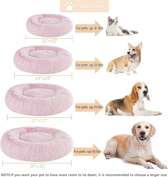 WNPETHOME Large Pink Round Calming Dog Bed Cat Bed for Comfy Sleep | Large Cute Washable Puppy & Cat Bed with Fluffy Plush, Faux Fur Anti Anxiety Pet Bed Donut Cuddler (45x45x10 Inch)