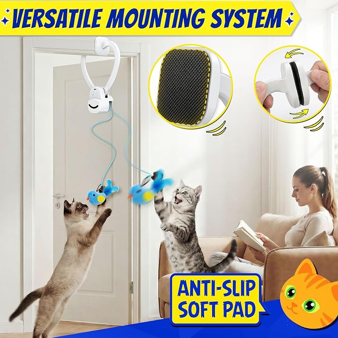 CATPICK Interactive Doorway Cat Toy, No-Adhesive Clip-On for Indoor Cats | Automatic Retractable bird-and-mouse motion with 8-minute auto-play, touch-to-wake response, USB charging, 2 birds & 1 mouse