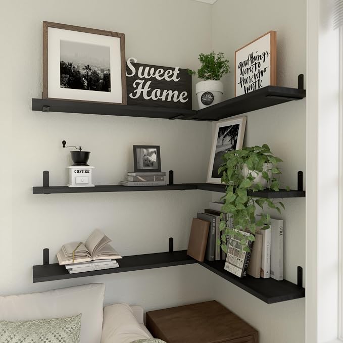 Wood Floating Shelves Set of 6, 24 inch Long Floating Shelves for Wall Decor, Farmhouse Shelf for Bedroom, Bathroom Storage Shelves, Book Shelves for Living Room - Black