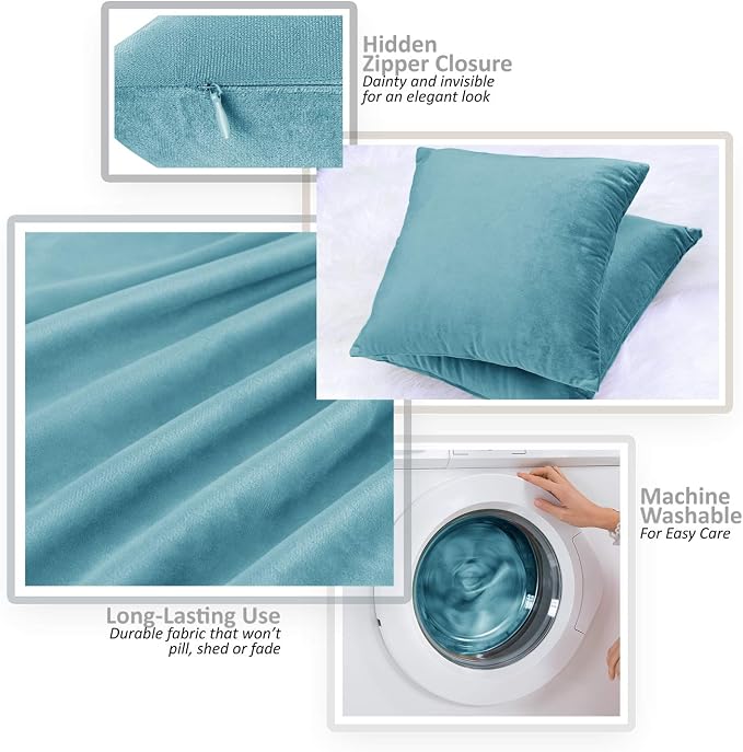 Throw Pillow Inserts Pack of 2 with Velvet Soft Solid Decorative Square Throw Pillow Covers Set for Sofa Couch Car Bedroom, 20X20 Throw Pillows Inserts with 18x18 Washable Cushion Covers, Beach Blue