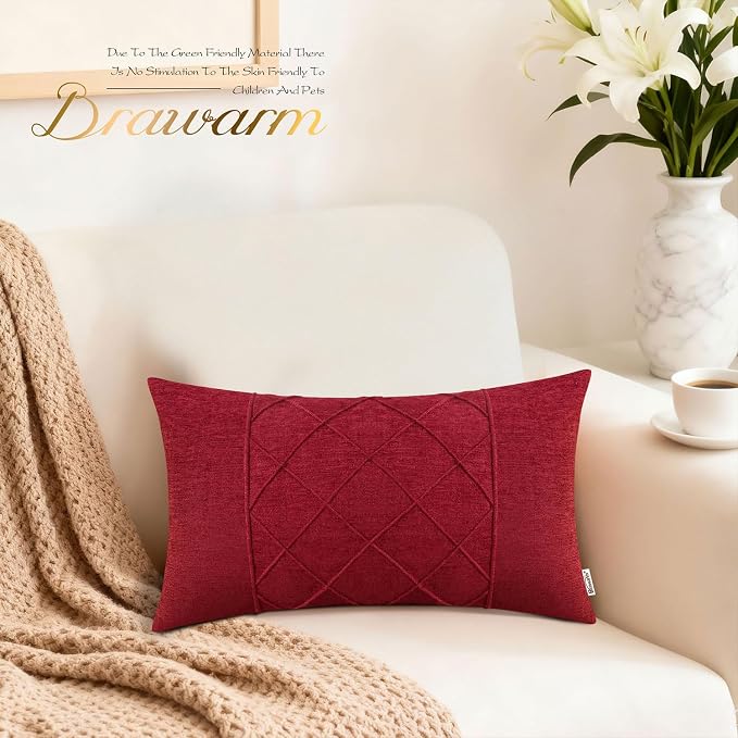 BRAWARM Chenille Throw Pillow Covers 12x20 Inches, Red, 2 Pack | Decorative Lumbar Pleated Pillow Covers, Soft Cushion Cases for Sofa Bed Living Room Home Farmhouse (No Insert)