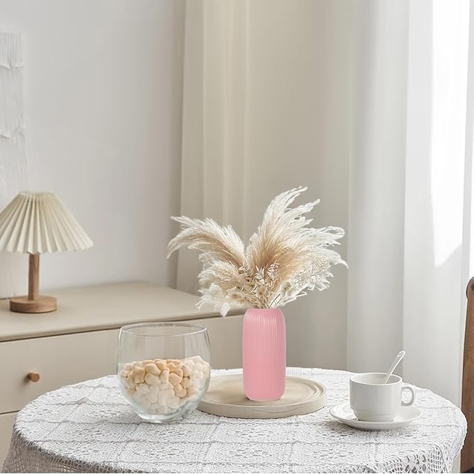 Ceramic Vase for Flowers – Modern Small Ribbed Textured Flower Vase for Home Decor, Pampas Grass, Decorative, Farmhouse, Coffee Table, Kitchen Centerpieces, Bookshelf and Home Living (Pink)