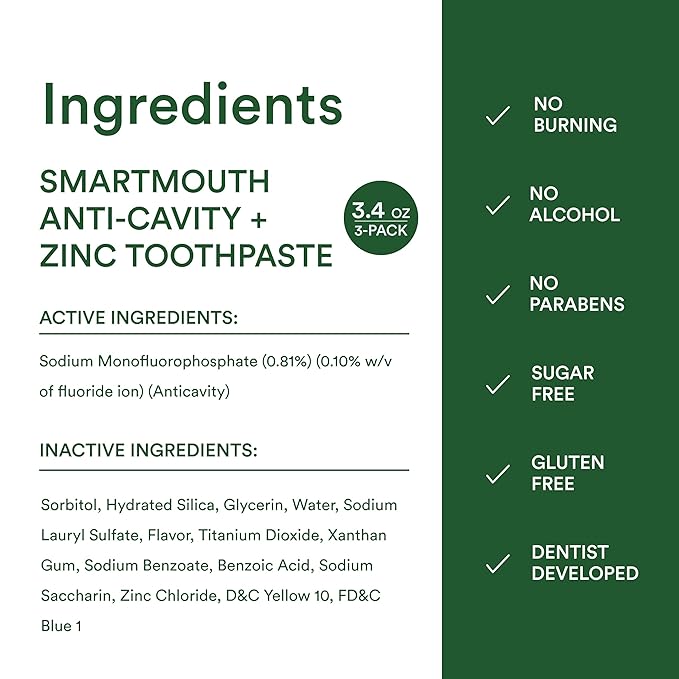SmartMouth Premium Zinc Ion Toothpaste, Cavity, Enamel, and Plaque Help, Mild Mint, 3.4 oz, 3 Pack