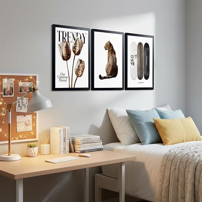 Trendy Leopard Print Wall Art Preppy Aesthetic Stylish Canvas Wall Decor Cheetah Printed Fashion Skateboard Posters for Bedroom Living Room Apartment Dorm 12x16in Black Framed