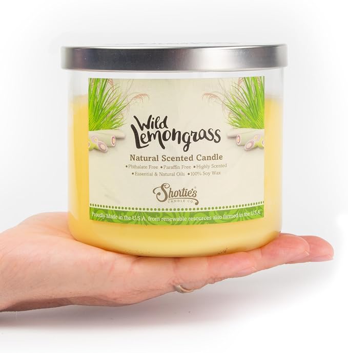 Wild Lemongrass Highly Scented Natural 3 Wick Candle, Essential Fragrance Oils, 100% Soy, Phthalate & Paraben Free, Clean Burning, 14.5 Oz.