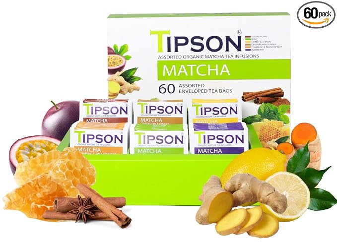 Tipson Organic Matcha Variety Sampler - 6 Flavors (60 Tea Bags), Herbal Tea Infusions - USDA Organic, Non GMO, and Gluten Free