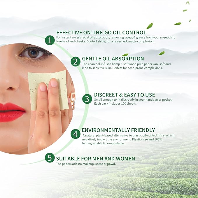 Oil Blotting Sheets for Face, DUcare 100 Counts Green Tea Blotting Paper For Oily Skin with Portable Mirror Case & Makeup Puff, Oil Absorbing Sheets For Face