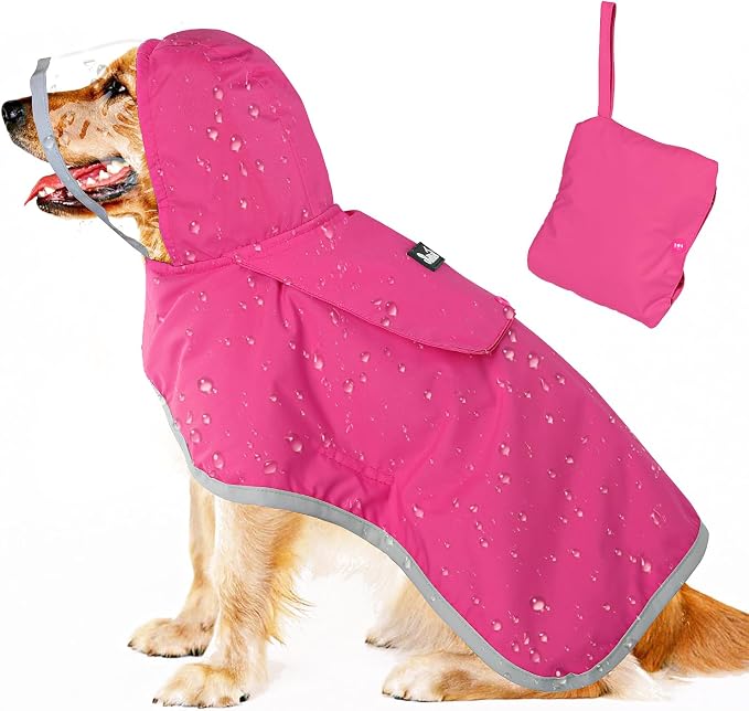 Lukovee Dog Raincoat, Waterproof Rain Jacket, Clear Hood & Reflective Rim | Easy On Off Adjustable Straps, Leash Hole, Soft Mesh Lining, Storage Pocket, Poncho for Small Medium Large Dogs (Fuchsia, L)