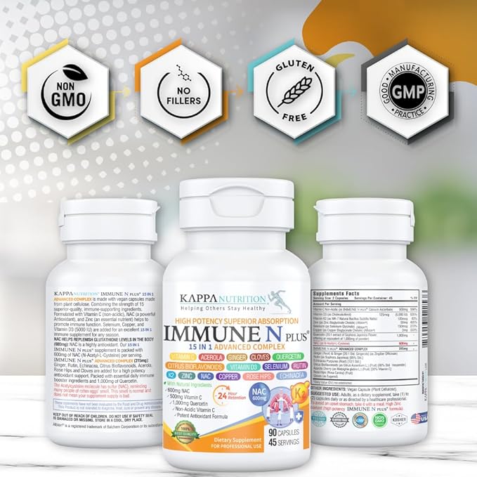 (60 Capsules), NAC 600mg, Quercetin 1,000mg, Vitamin C 500mg, Zinc 50mg, Vitamin D3 5,000iu, Selenium, Copper, Acerola, Ginger, Rutin, Citrus Bioflavonoids, Rose Hips, Echinacea, Immune N Plus 15 in 1
