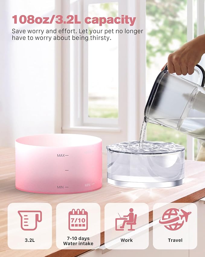 Pink Cat Water Fountain: with 6 Carbon Filters + 3 Sponge Filters | 108oz/3.2L Pet Water Fountain Indoor Faucet Cat Fountain for Cats and Dogs