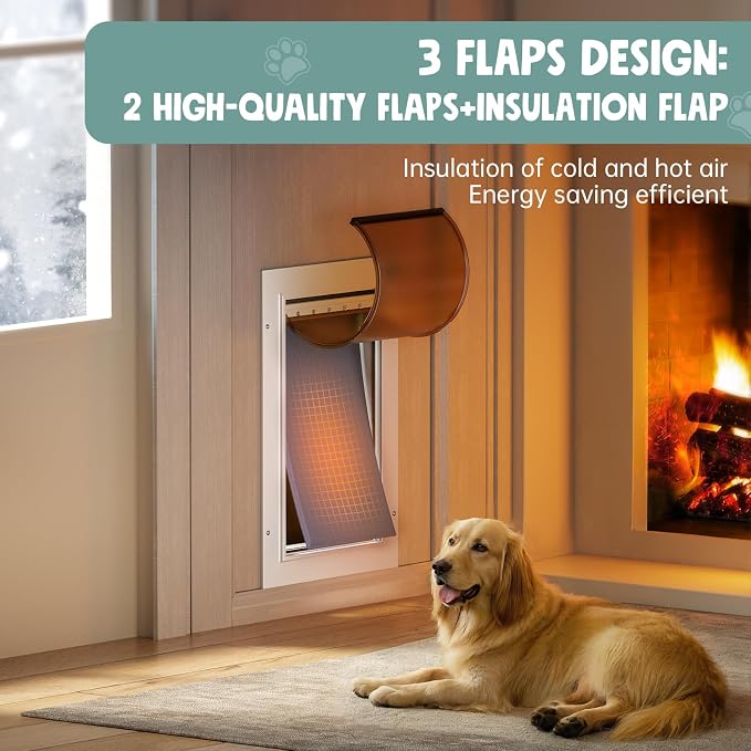 3-Flap Large Dog Door for Door, All Aluminum Doggy Door for Exterior | Insulated Flap, Thermal Insulation, Energy Efficient, Durable Rust Resistant, Closing Panel, Safety Locks, Pets Up to 110lb