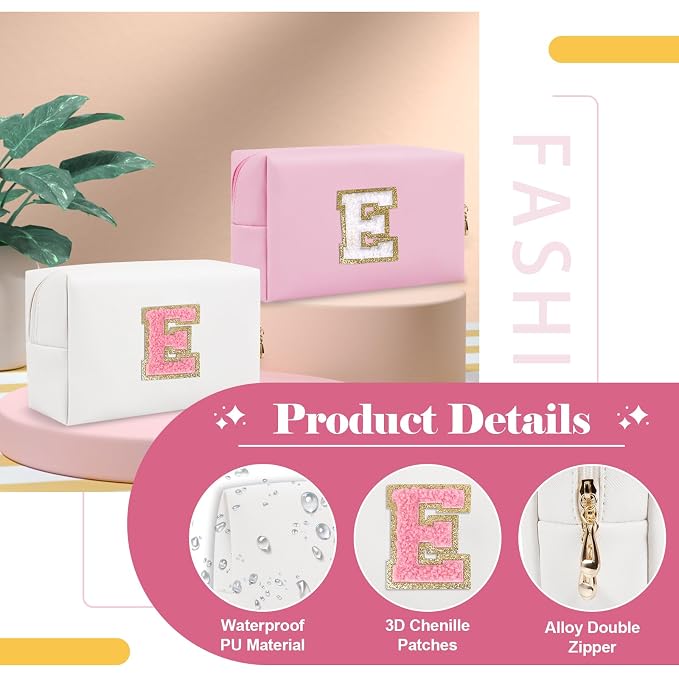 Personalized Makeup Bag Initial A-Z Preppy Patch Bag,Small PU Leather Travel Cosmetic Bag Pouch with Zipper,White Cute Toiletry Bag,Gift Ideal for Teen Girls Women Birthday Friend Mom,Letter E