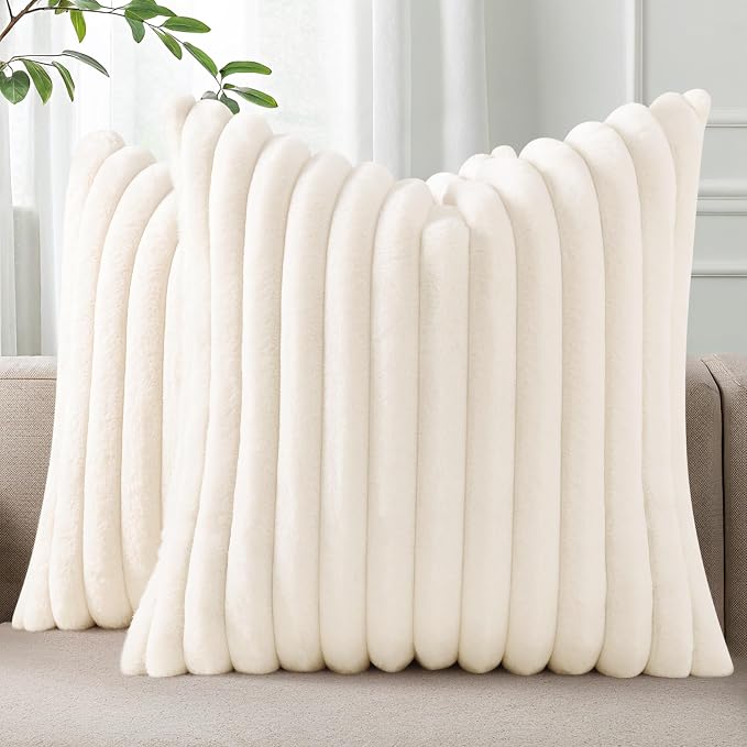 Pallene Faux Fur Decorative Throw Pillow Covers 16x16 Set of 2, Cream White | Luxury Plush Texture, Striped Design, Cozy Soft Touch, Modern Home Accent Decor for Couch, Sofa, Bed, Living Room
