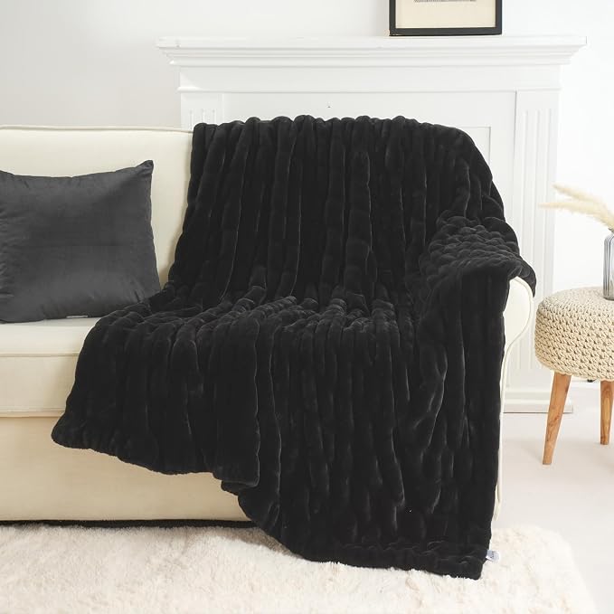 BATTILO Soft Faux Fur Throw Blanket for Couch, Double Side, 60"x80", Black | Black Throw Blanket, Bubble Blanket, Cozy Warm Fluffy Faux Fur Blanket For Bed, Sofa Living Room