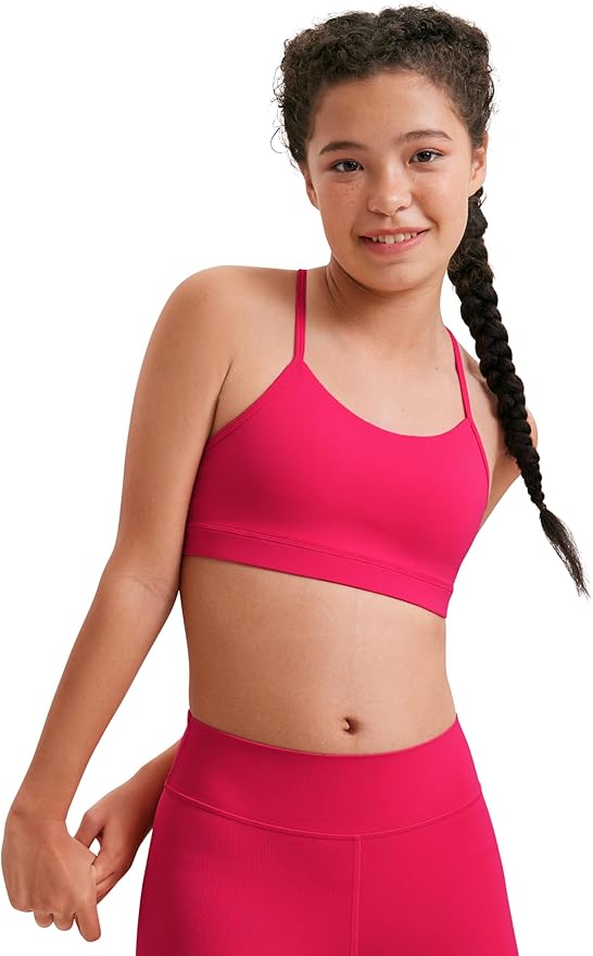 CRZ YOGA Girls Butterluxe Y Back Sports Bra - Yoga Athletic Casual Tops Scoop Neck Spaghetti Strap Padded Crop Kids Teen
