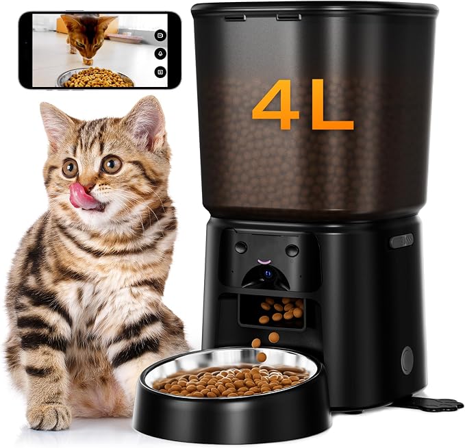 Automatic Cat Feeder with Camera, 4L WiFi Smart Pet Feeder with APP Control, 1080P HD Video,Night Vision,Voice Call, Motion Detection, Dual Power Supply, Supports 5GHz/2.4GHz,for Dogs Cats, Small-Pet