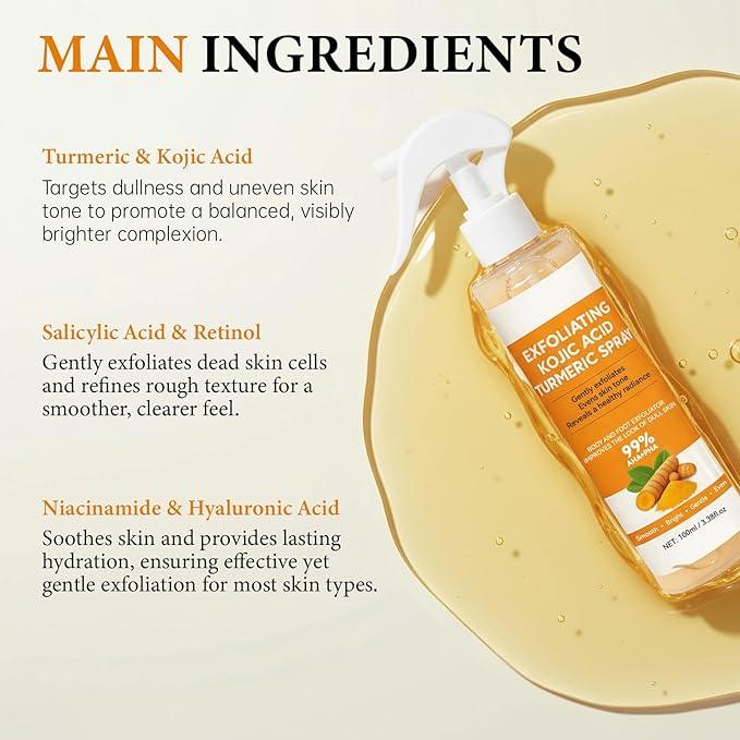 Kojic Acid Turmeric Spray with Sponge, Exfoliating Body Spray with Retinol, Glutathione, Niacinamide, Gentle Exfoliation for All Skin Types, Nourish Skin, Turmeric Peel Shot, 100ml