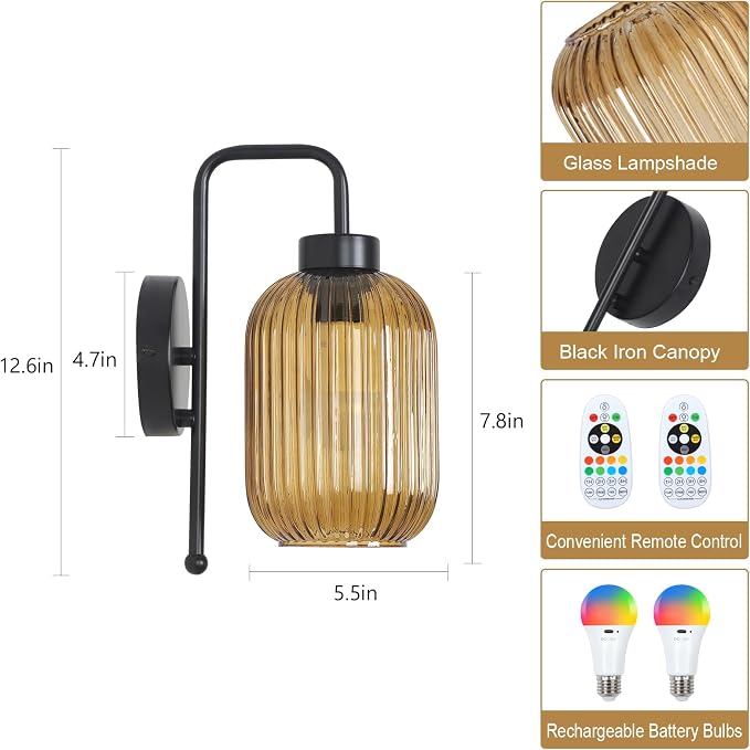 LAMSU Black Battery Operated Wall Sconces Set of 2, Rechargeable Wireless Wall Lights with Amber Stripe Glass Shade, Remote and Bulb, Vintage Cordless Sconce Wall Decor for Bedroom Living Room