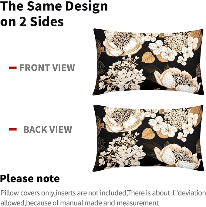 Vintage Flowers Lumbar Pillow Covers 12X20 Inch Set of 2 White Floral Gold Leaves Botanical Decorative Pillow Cases Rustic Black Cotton Linen Cushion Case Farmhouse Home Decor For Sofa Couch Outdoor