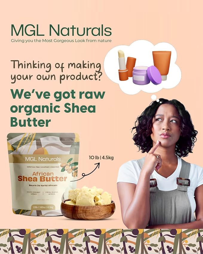 MGL Naturals Raw African Shea Butter Ivory, 100% Pure and Unrefined. Nourish and moisturize skin and hair. Use alone or DIY recipes. From Ghana, West Africa. (10 lb (Park of 1), 10 lb Shea Buttter)