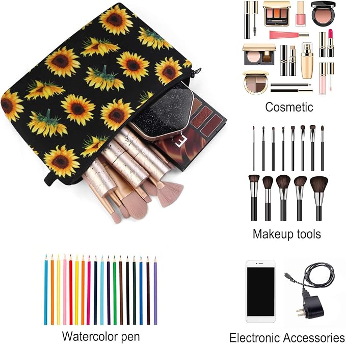 MAGEFY Sunflower Makeup Bag for Women, Portable Travel Cosmetic Bag with Black Zipper Pouch Waterproof Makeup Pouch Multifunctional Small Bag for Women (1 pack, sunflower 0173)
