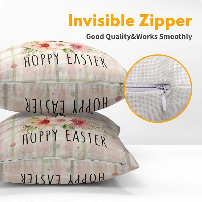 Easter Bunny Floral Pillow Covers 24X24 Inch Spring Pink Buffalo Plaid Decorative Pillow Cases Rabbit Flower Throw Pillows Set of 2 Seasonal Modern Farmhouse Home Decor for Sofa Couch Outdoor