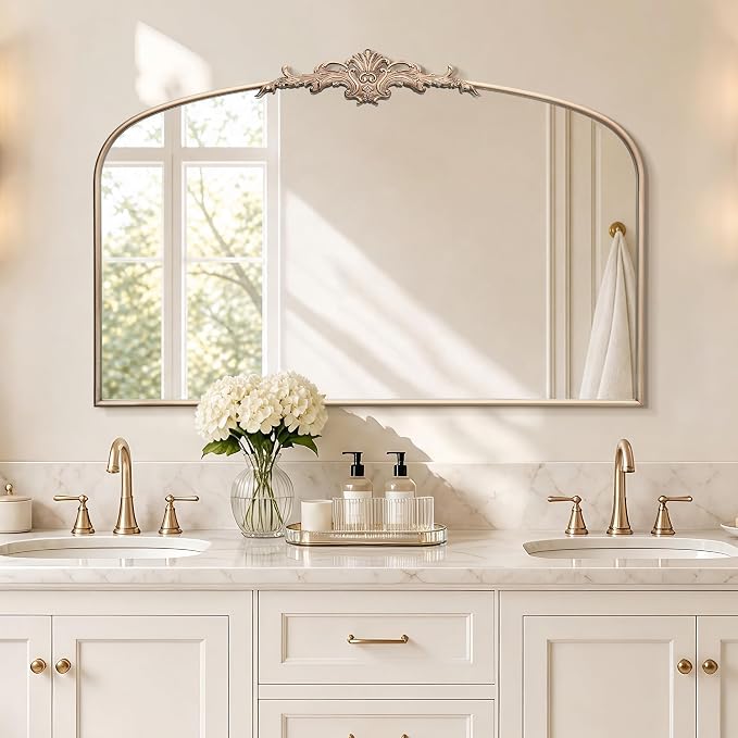Besdomus Antique Arch Gold Mirror: 55"x36" Extra Large Champagne Decorative | Vintage Baroque Ornate Metal Framed Mirror for Home Renovation Decor - Ideal for Double Vanity/Entryway/Fireplace/Living Room