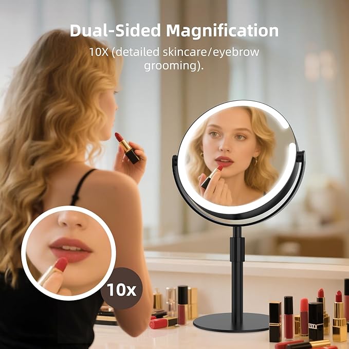 FRANO Makeup Mirror with Lights, 8" Double Sided 1x/10x Magnifying Vanity Mirror with 3 Color Lights, Rechargeable, 360° Rotation and Adjustable Height, Gift for Women Her