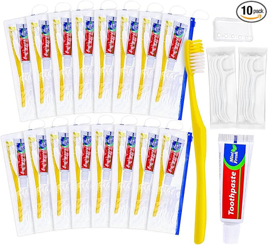 Xuezoioy 10 pcs Disposable Toothbrushes with Toothpaste and Floss Set,Yellow Individually Wrapped Bulk Single Use Toothbrush Floss Cover Travel Toothbrushes Kit with Zip Bag for Homeless,Hotel,Guest