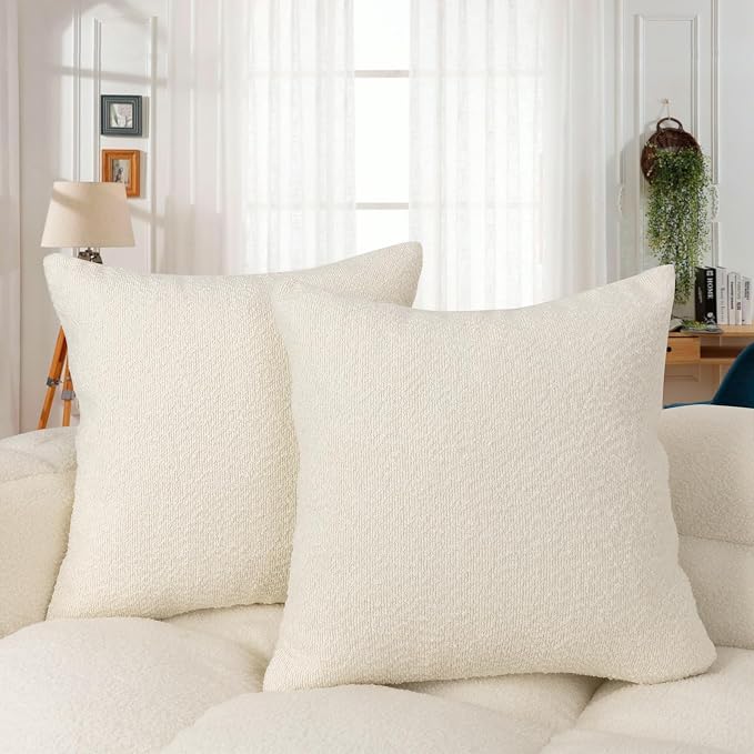 JoraLion 22x22 inch Boucle Throw Pillow Covers, Cream Woven Texture Neutral Pillow Cover Breathable Cushion Case for Couch Sofa Bed Living Room Home Decor, Pack of 2, No Insert