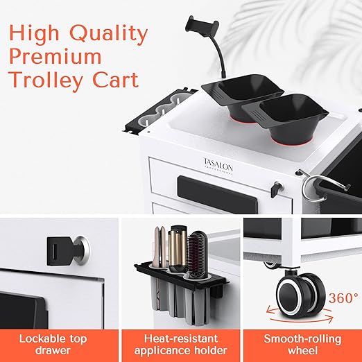 TASALON Salon Trolley Cart with Wheels, 2 Magnetic Bowls & Drawers | Mobile Hair Stylist Station for Tools Storage, Rolling Organizer Cart for Barber & Tattoo Supplies - White