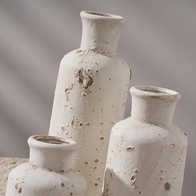 SIDUCAL Ceramic Rustic Farmhouse Vase Set of 3 | Whitewashed Terracotta Vase, Clay Decorative Vases for Home Decor, Living Room, Shelf, Mantel Decoration(Rustic White)