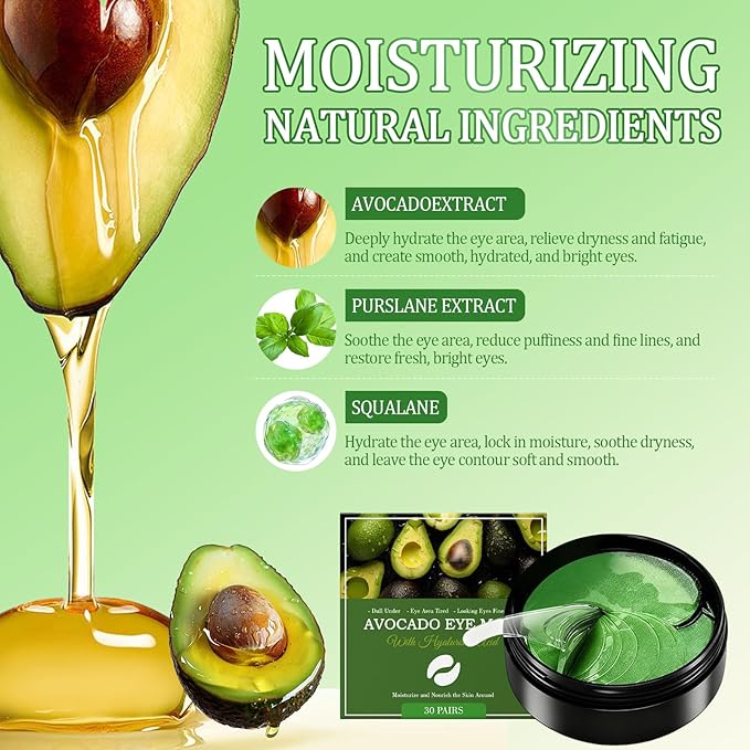 Avocado Eye Mask, Eye Masks for Dark Circles and Puffiness, Moisturizing Nourishing Eye Treatment Mask, Improving Eye Skin Dryness, 30 Pcs