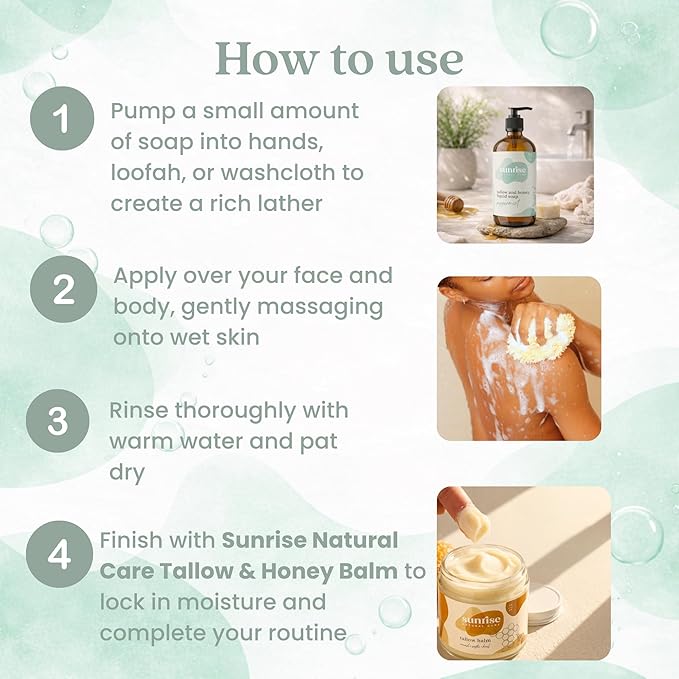 Tallow & Honey Liquid Soap – Peppermint – Natural Face, Body & Hand Wash – Grass-Fed Beef Tallow Cleanser – Gentle Moisturizing Soap – 16 oz
