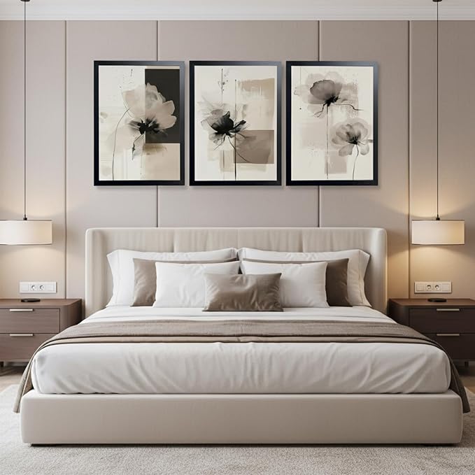 Neutral Abstract Floral Wall Art Black Framed Modern Large Minimalist Canvas Wall Decor Contemporary Beige Black Flower Posters Prints Picture for Living Room Bedroom Bathroom Office 16x24 In