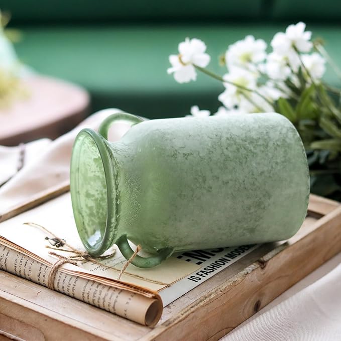 SHMILMH Glass Flower Vase with Handle – 8 Inches Rustic Imitation Ceramic Vase for Flowers, Vintage White Green Centerpiece Decor for Farmhouse, Modern Home, Table & Holiday Decorations